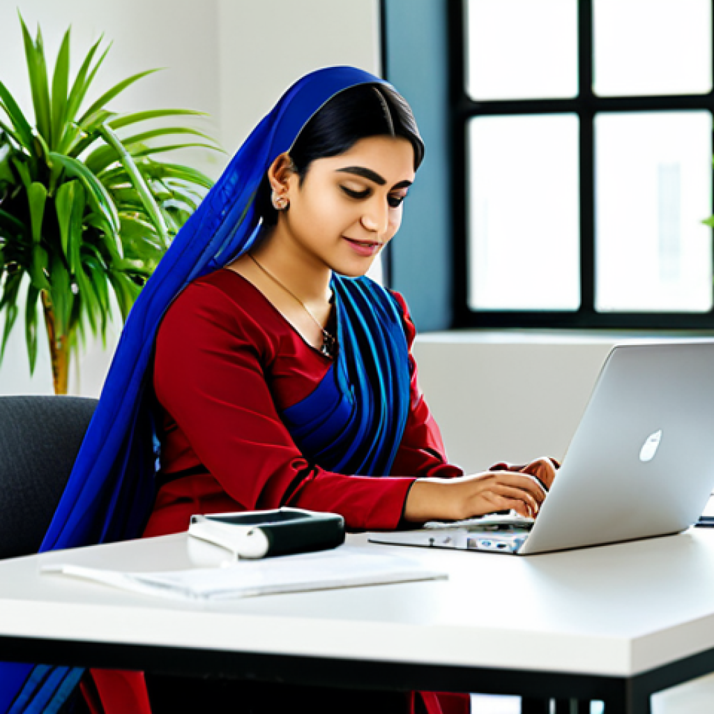 **
A professional woman in a modest, elegant saree, working on a laptop in a bright, modern office space filled with plants, fully clothed, appropriate attire, safe for work, perfect anatomy, natural proportions, professional photography, high quality.
**