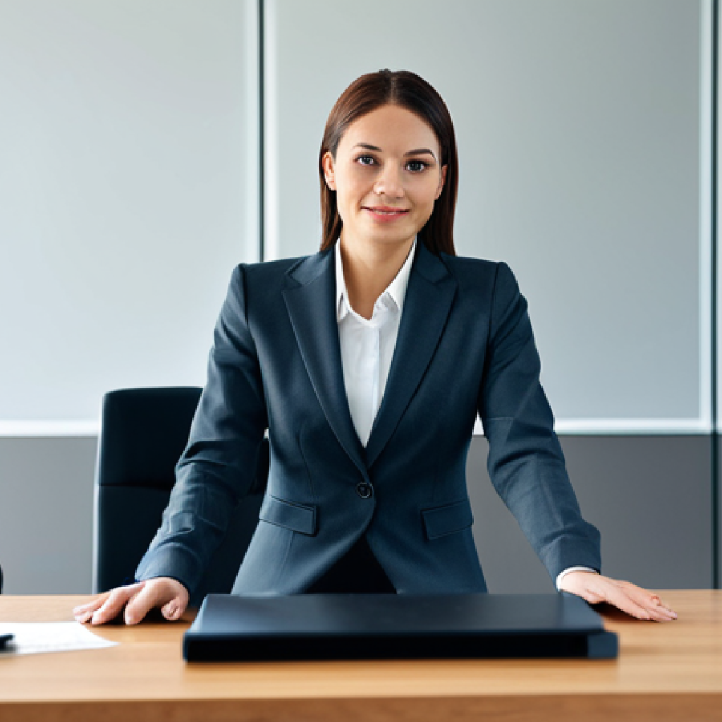 **Professional businesswoman:** A professional businesswoman in a modest business suit, sitting at a desk in a modern office, fully clothed, appropriate attire, safe for work, perfect anatomy, natural proportions, professional photography, high quality.