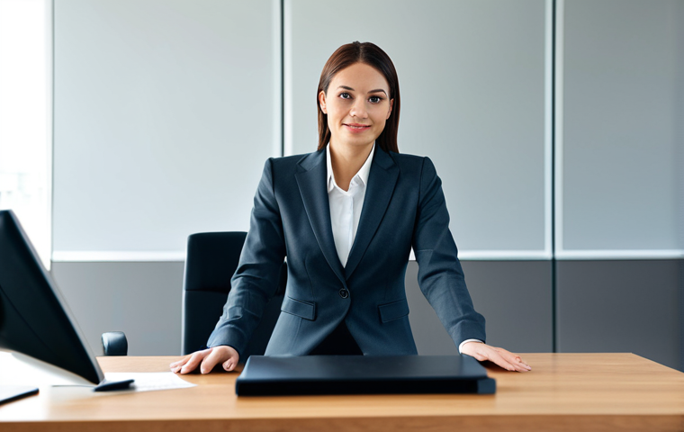 **Professional businesswoman:** A professional businesswoman in a modest business suit, sitting at a desk in a modern office, fully clothed, appropriate attire, safe for work, perfect anatomy, natural proportions, professional photography, high quality.