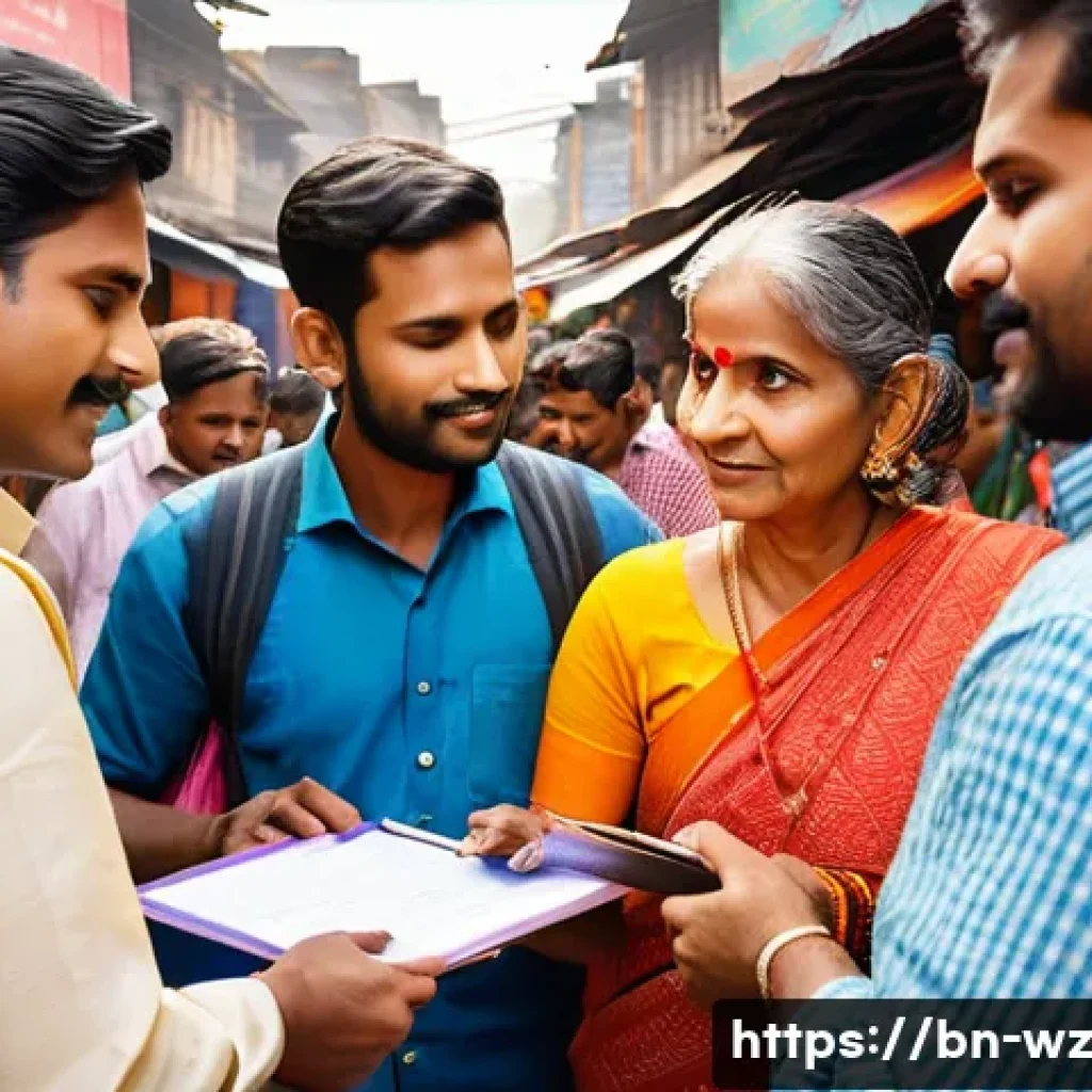 MVP와 시장 진입 시 고려사항 - A detailed scene of a Bengali entrepreneur conducting a small survey among a diverse group of local ...