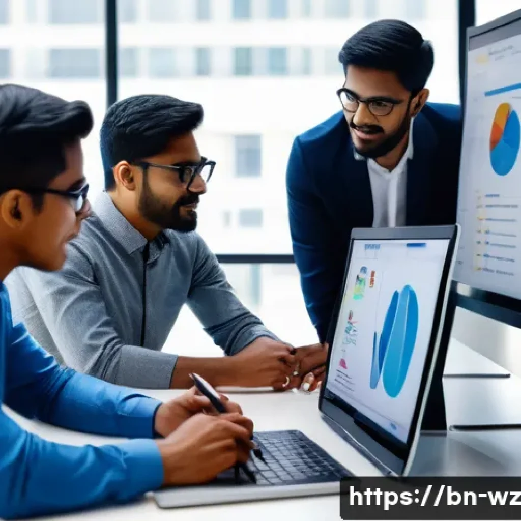 MVP 개선을 위한 지속적인 사용자 조사 - A detailed, professional workspace scene showing a diverse team of Bengali professionals collaborati...