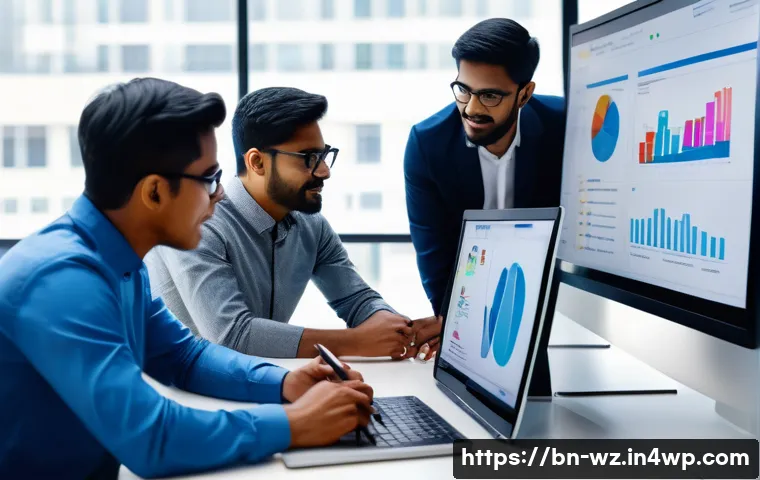 MVP 개선을 위한 지속적인 사용자 조사 - A detailed, professional workspace scene showing a diverse team of Bengali professionals collaborati...